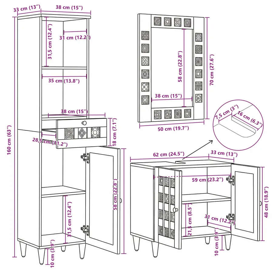 Ensemble de mobilier de salle de bain avec tiroir 3 pcs Naturel - 16