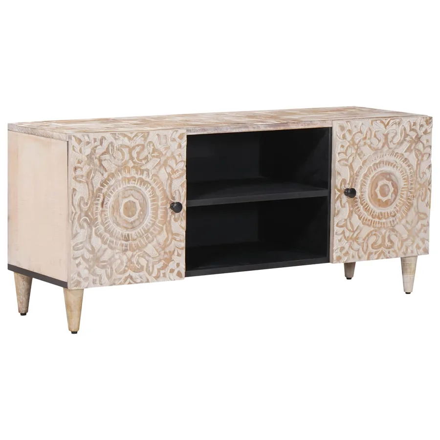 Meuble TV Blanc 105 x 33,5 x 46 cm Bois de mangue massif
