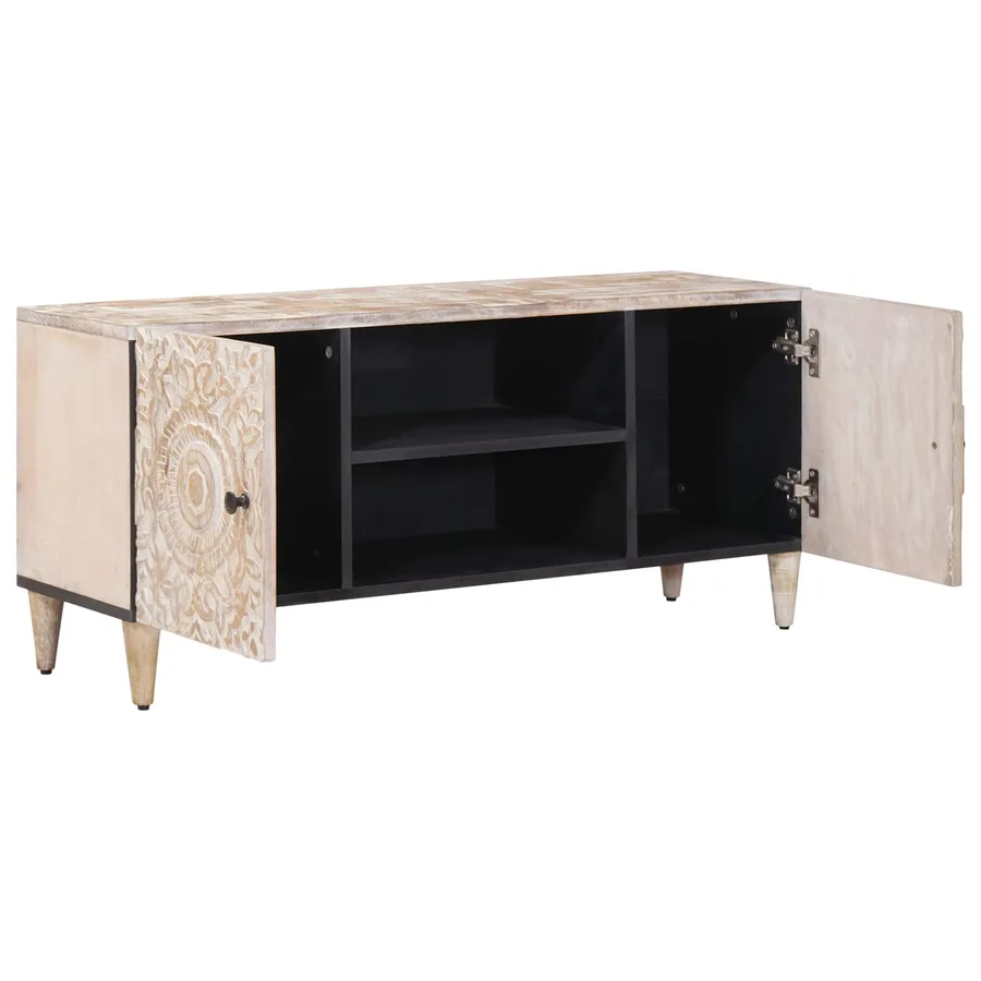 Meuble TV Blanc 105 x 33,5 x 46 cm Bois de mangue massif - 2