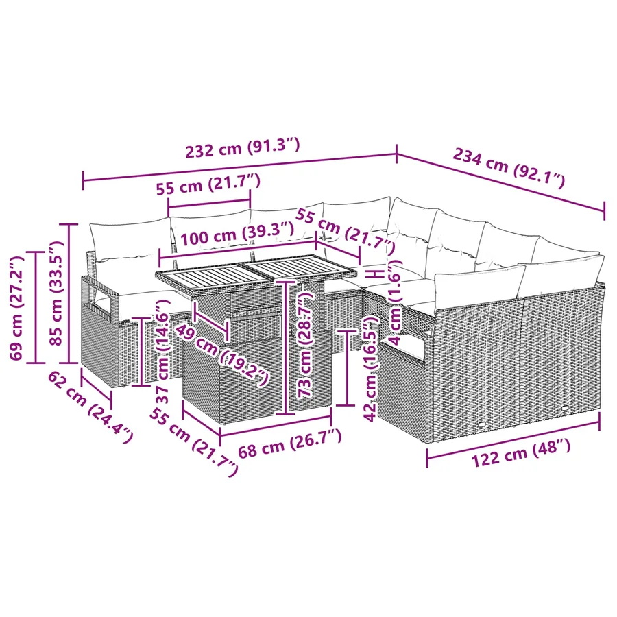Ensemble de canapé de jardin 9 pc 8-Nombre de places - 11