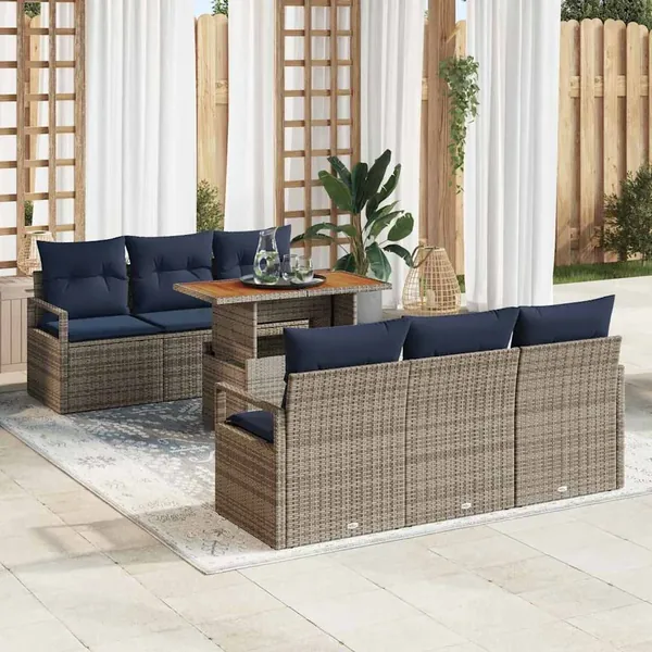 Ensemble de canapé de jardin 7 pcs gris et bleu marine