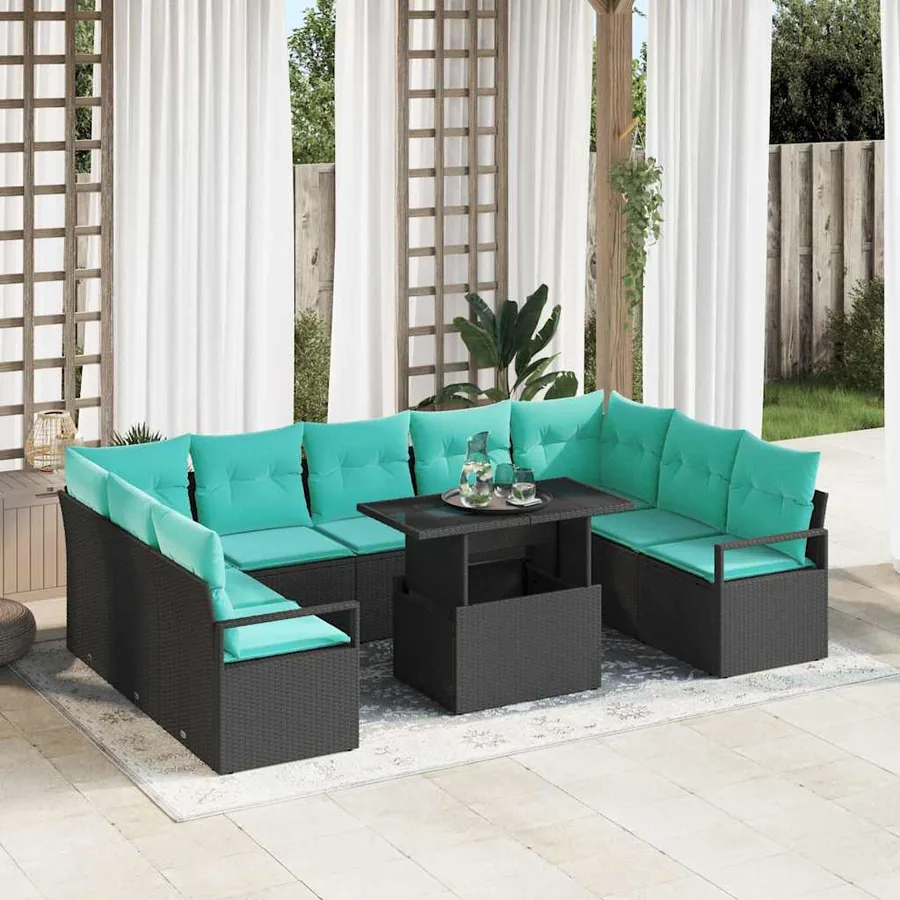 Ensemble de canapé de jardin 10 pcs Noir et Bleu Poly rotin