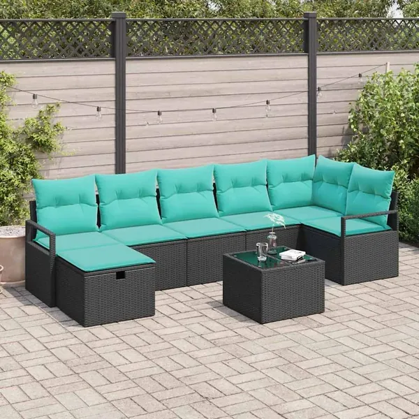 Ensemble de Canapés 8 pcs Noir et turquoise polyrotin
