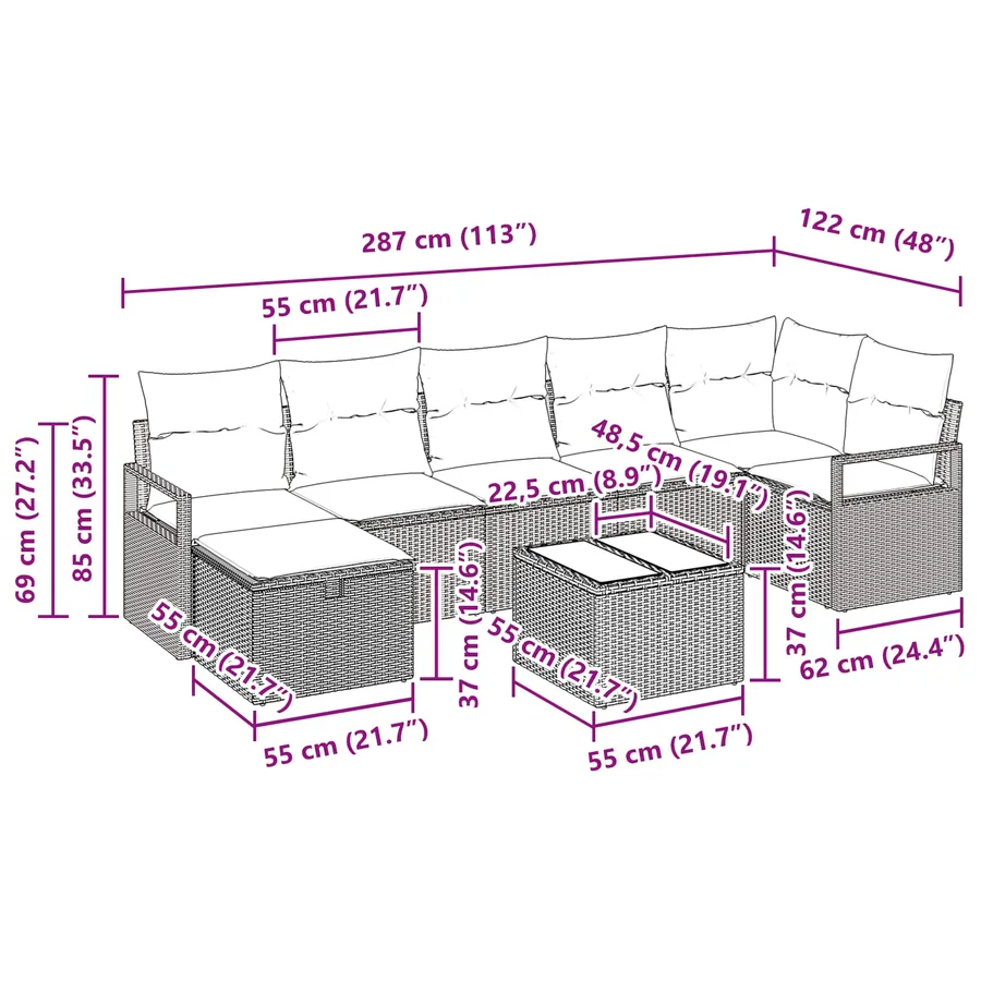 Ensemble de Canapés 8 pcs Noir et turquoise polyrotin - 11