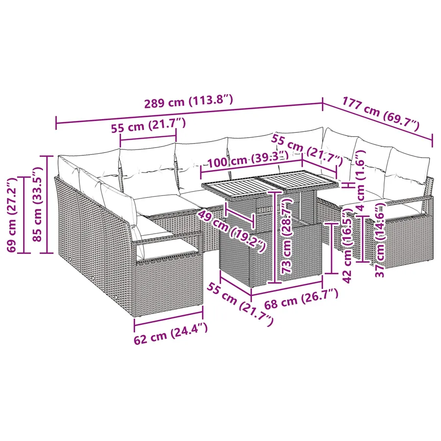 Ensemble de canapé de jardin 10 pc 9-Nombre de places - 11