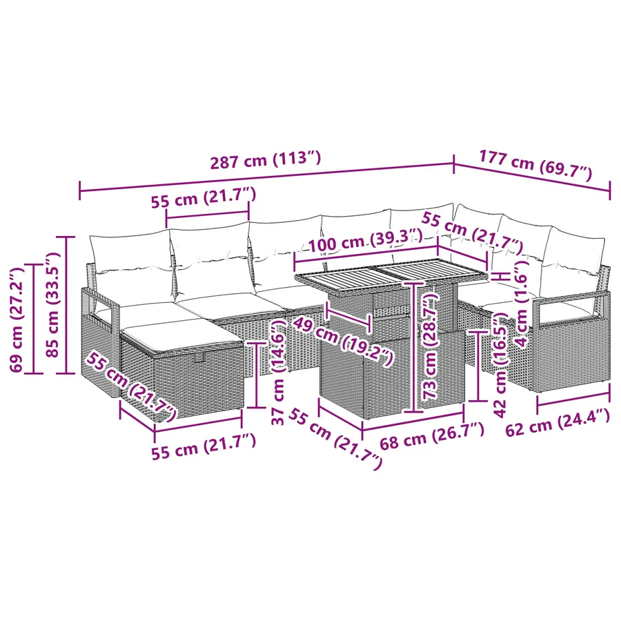 Ensemble de canapé de jardin avec coussin 9 pcs Noir polyrotin - 13