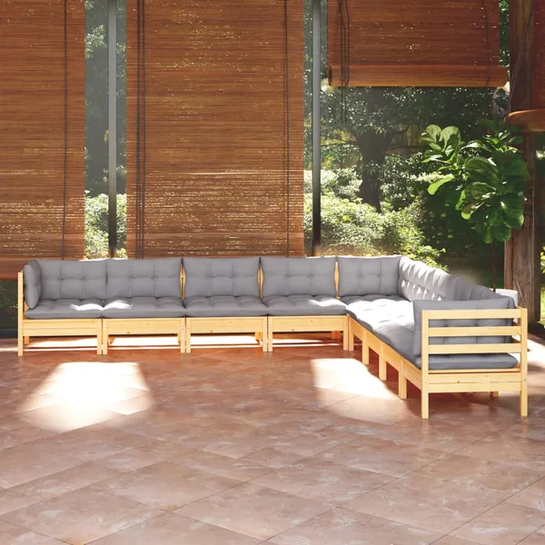 Salon de jardin 9 pcs avec coussins gris bois de pin massif