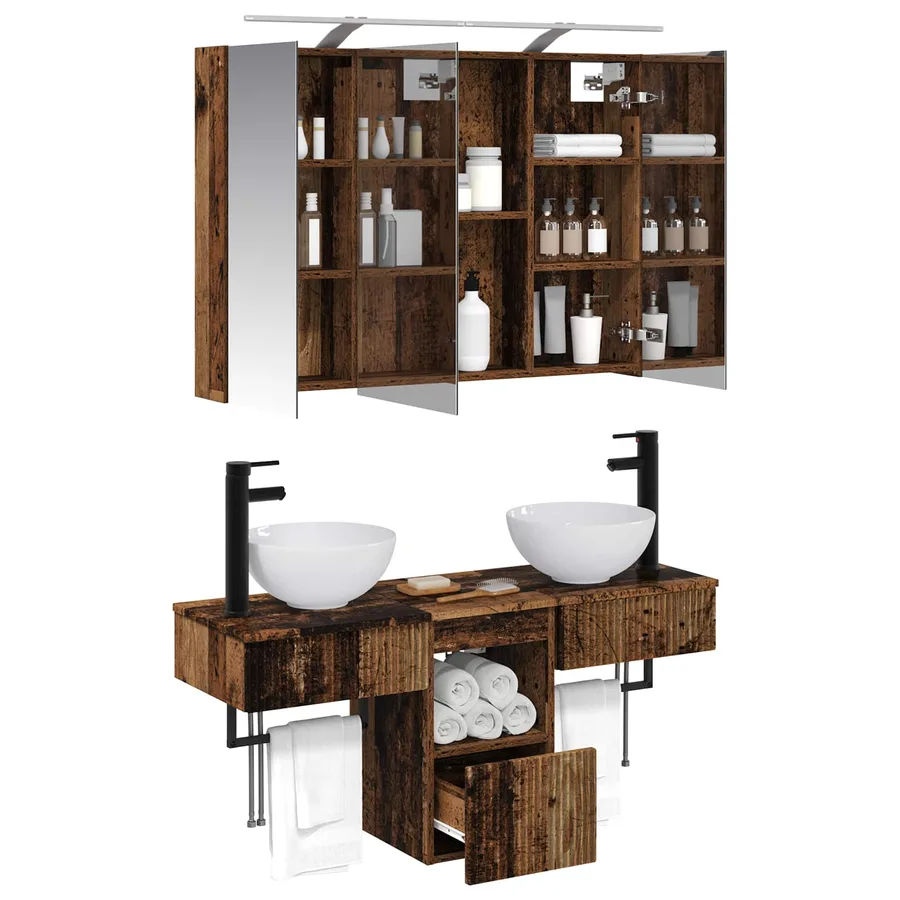 Ensemble d'armoire de salle de bain 4 pcs Bois ancien - 3