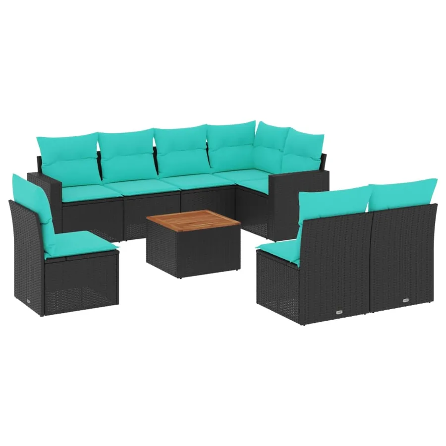 Salon de jardin 9 pcs avec coussins noir résine tressée - 2