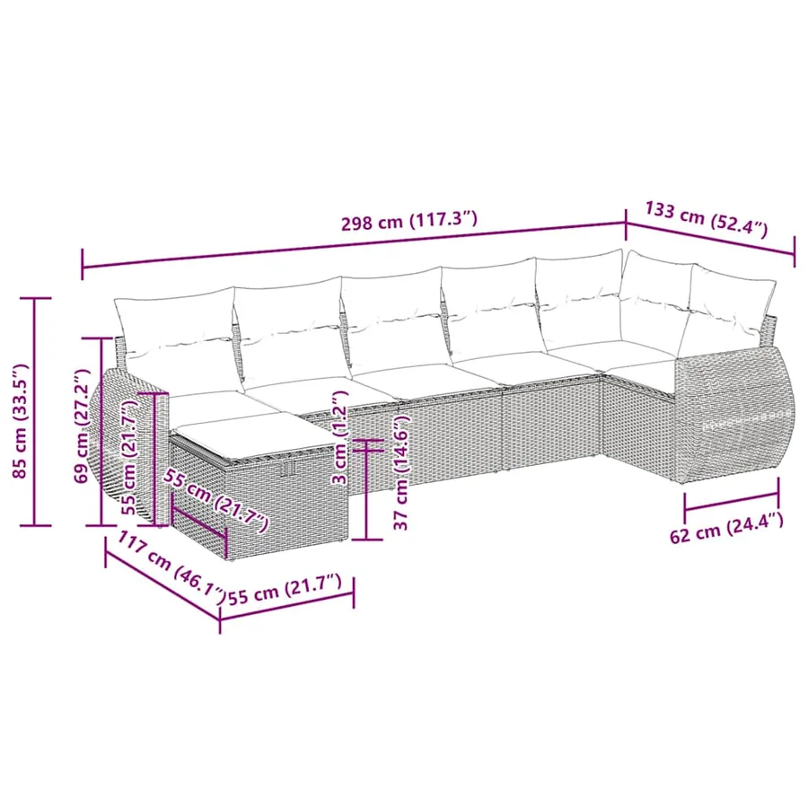 Salon de jardin 7 pcs avec coussins noir résine tressée 55 x 62 x 69 cm - 58,6 kg - 14