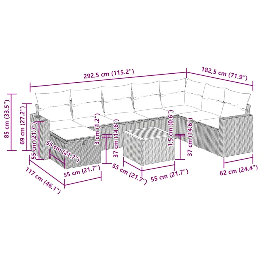 Salon de jardin 9 pcs avec coussins noir résine tressée - 16