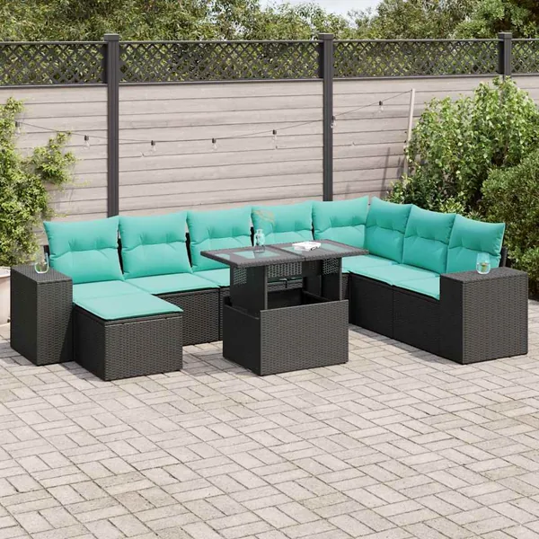 Salon de jardin avec coussins 9 pcs noir résine tressée acacia