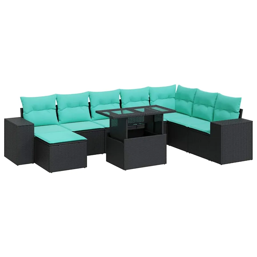 Salon de jardin avec coussins 9 pcs noir résine tressée acacia - 2