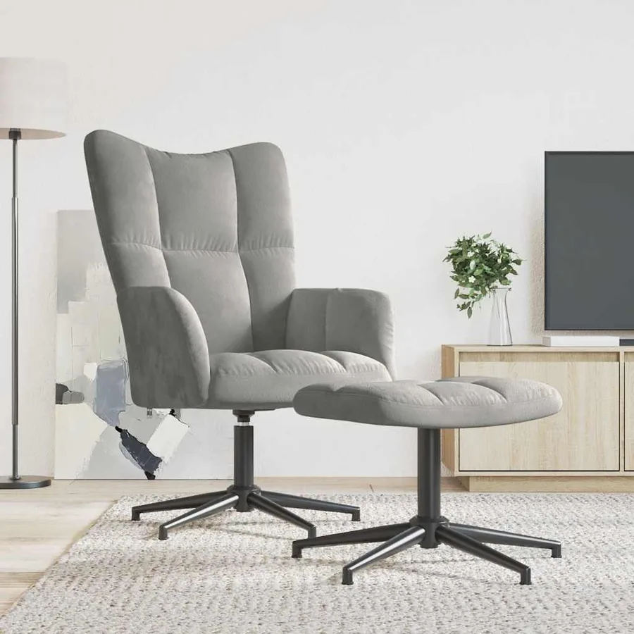 Chaise de relaxation avec tabouret Gris clair Velours