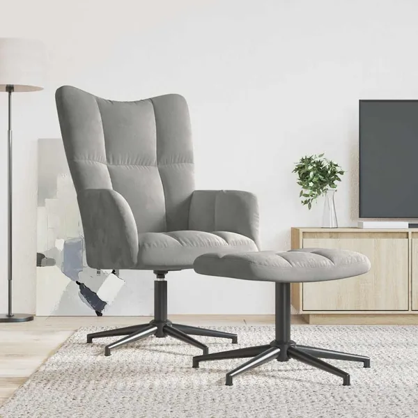 Chaise de relaxation avec tabouret Gris clair Velours
