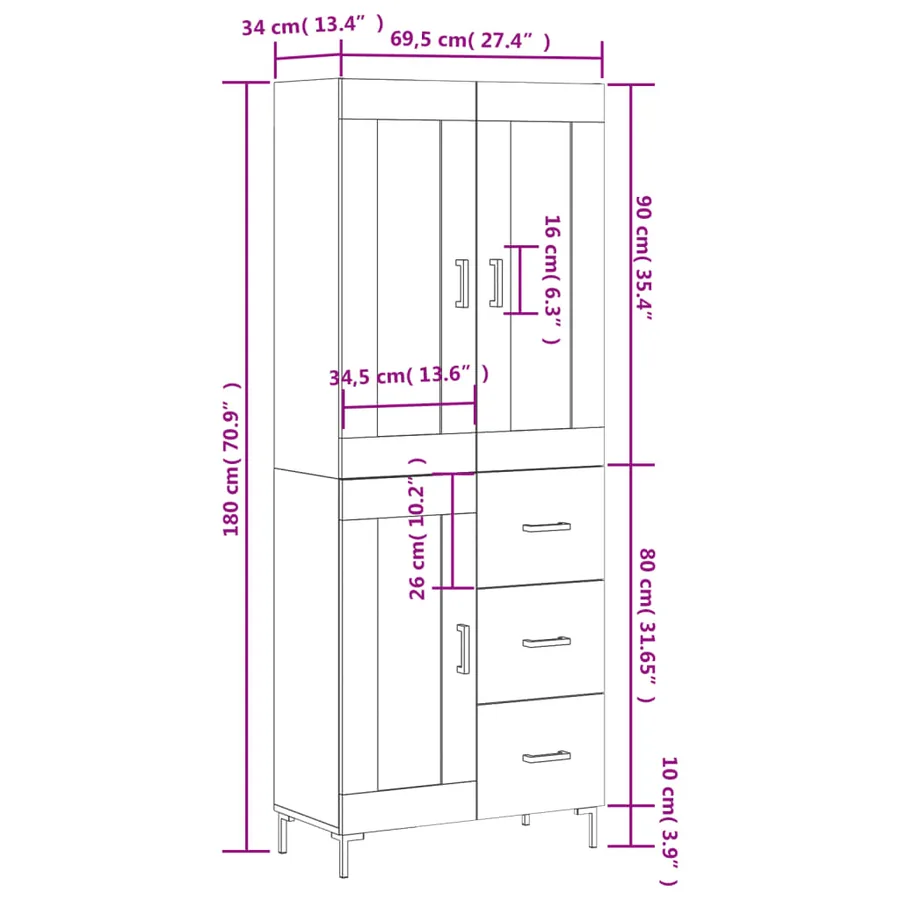 Buffet haut Sonoma gris 69,5x34x180 cm Bois d'ingénierie - 14