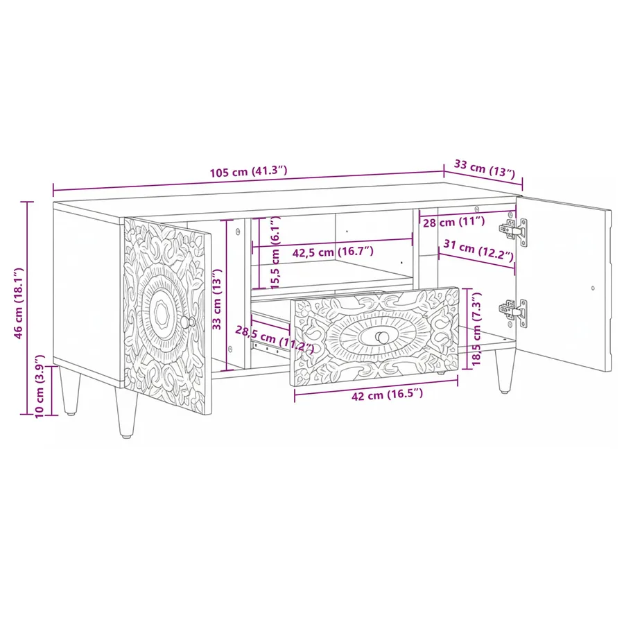 Meuble TV Blanc 105 x 33,5 x 46 cm Bois de mangue massif - 11