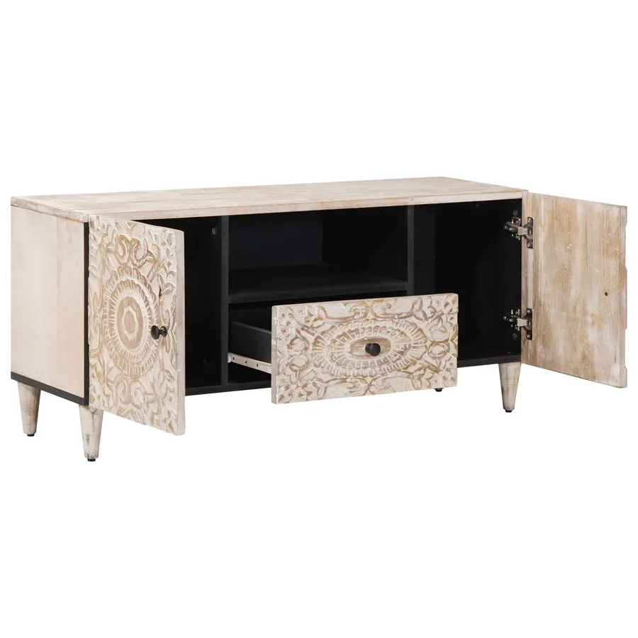 Meuble TV Blanc 105 x 33,5 x 46 cm Bois de mangue massif - 2