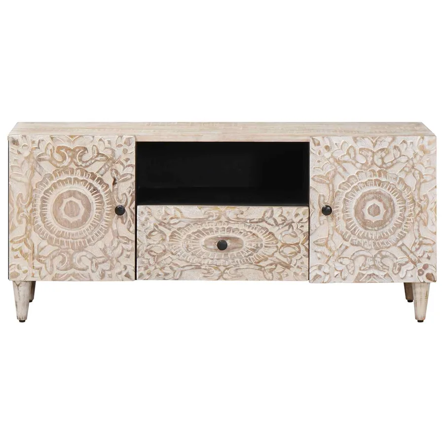 Meuble TV Blanc 105 x 33,5 x 46 cm Bois de mangue massif - 3