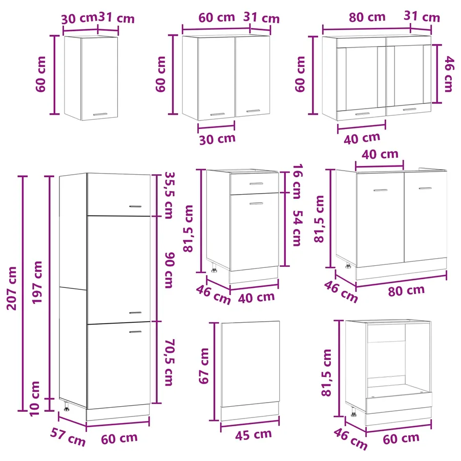 Unité de cuisine Lyon 8 pcs Gris béton Bois d'ingénierie - 8