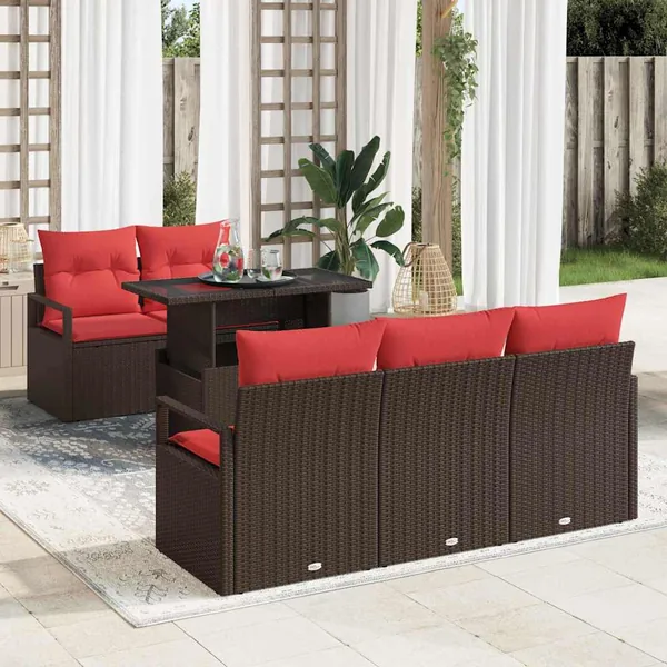 Ensemble de canapé de jardin 6 pcs Marron et rouge polyrotin