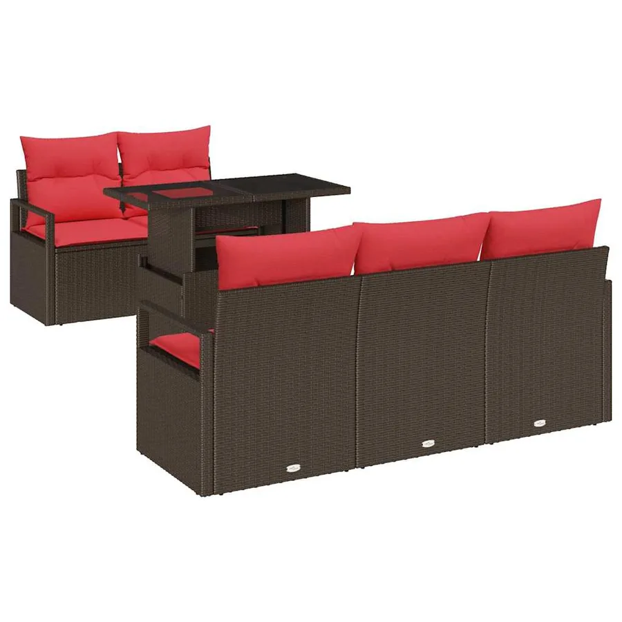 Ensemble de canapé de jardin 6 pcs Marron et rouge polyrotin - 2