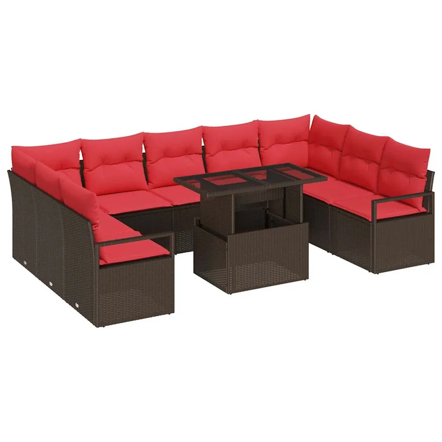 Ensemble de canapé de jardin 10 pcs Marron et rouge Poly rotin - 2
