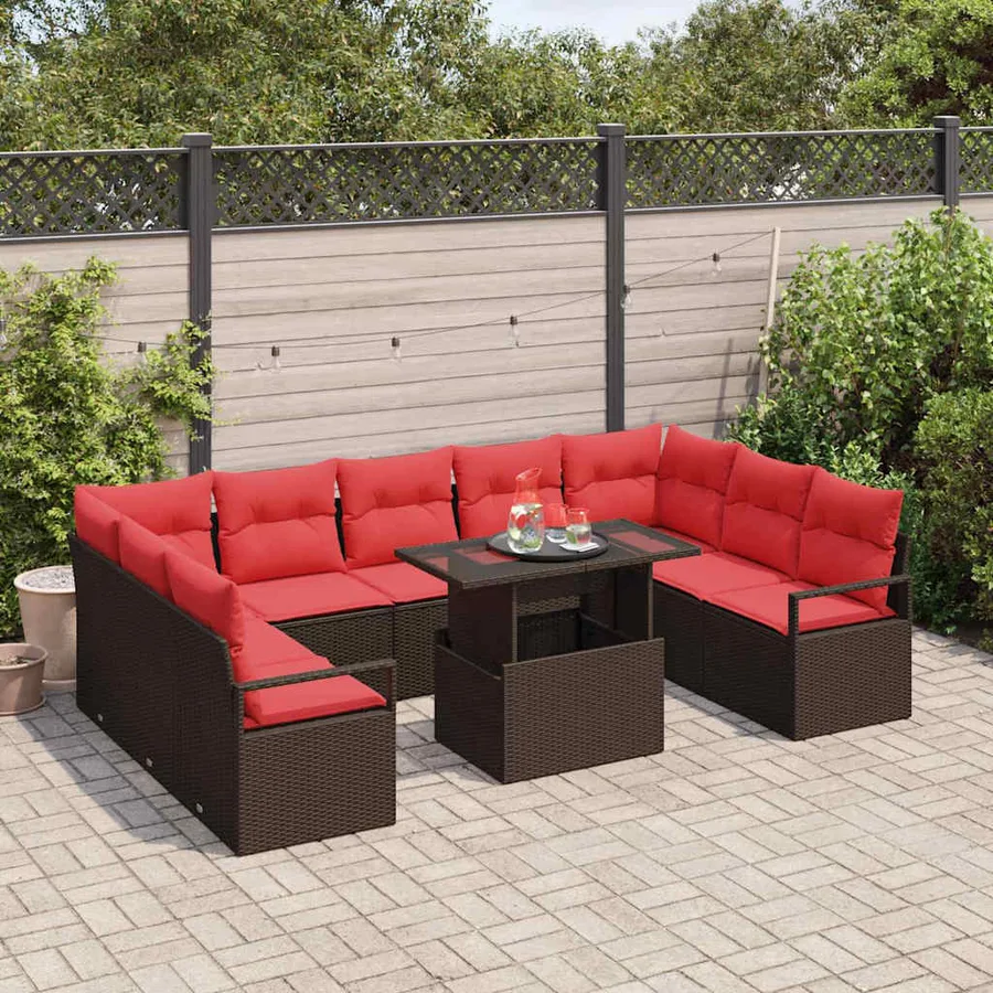 Ensemble de canapé de jardin 10 pcs Marron et rouge Poly rotin - 3