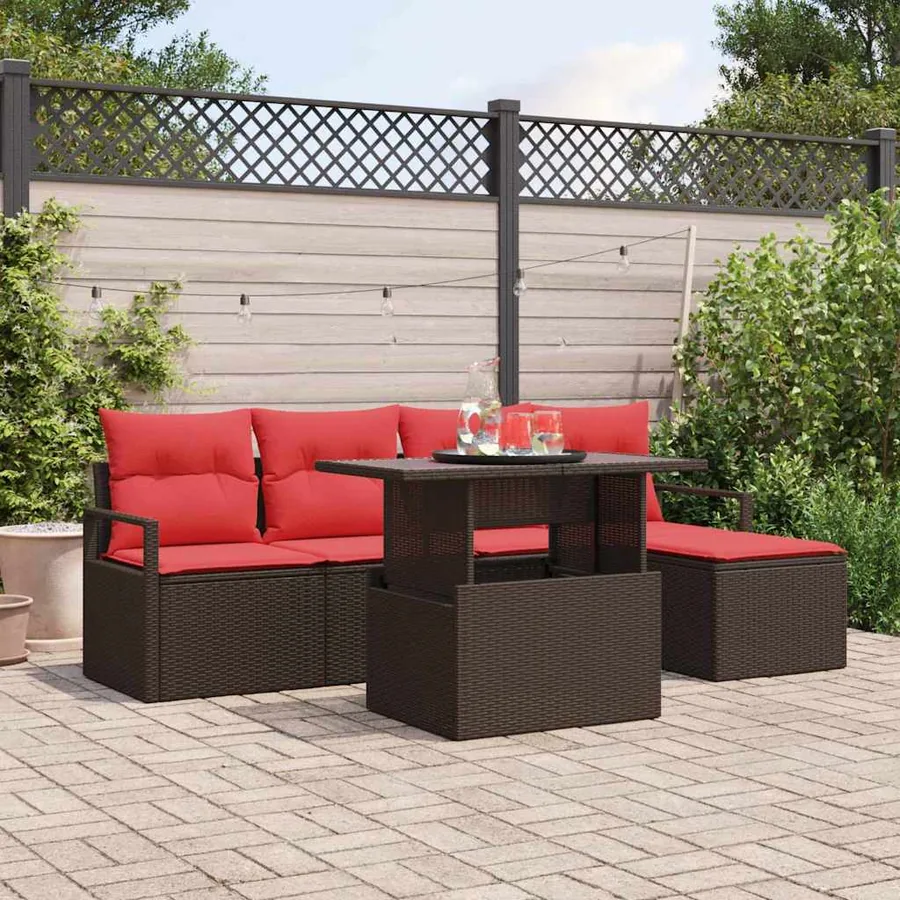 Ensemble de canapé de jardin 6 pcs Marron et rouge polyrotin