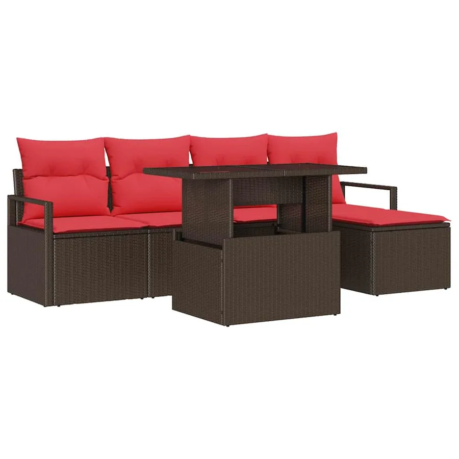 Ensemble de canapé de jardin 6 pcs Marron et rouge polyrotin - 2