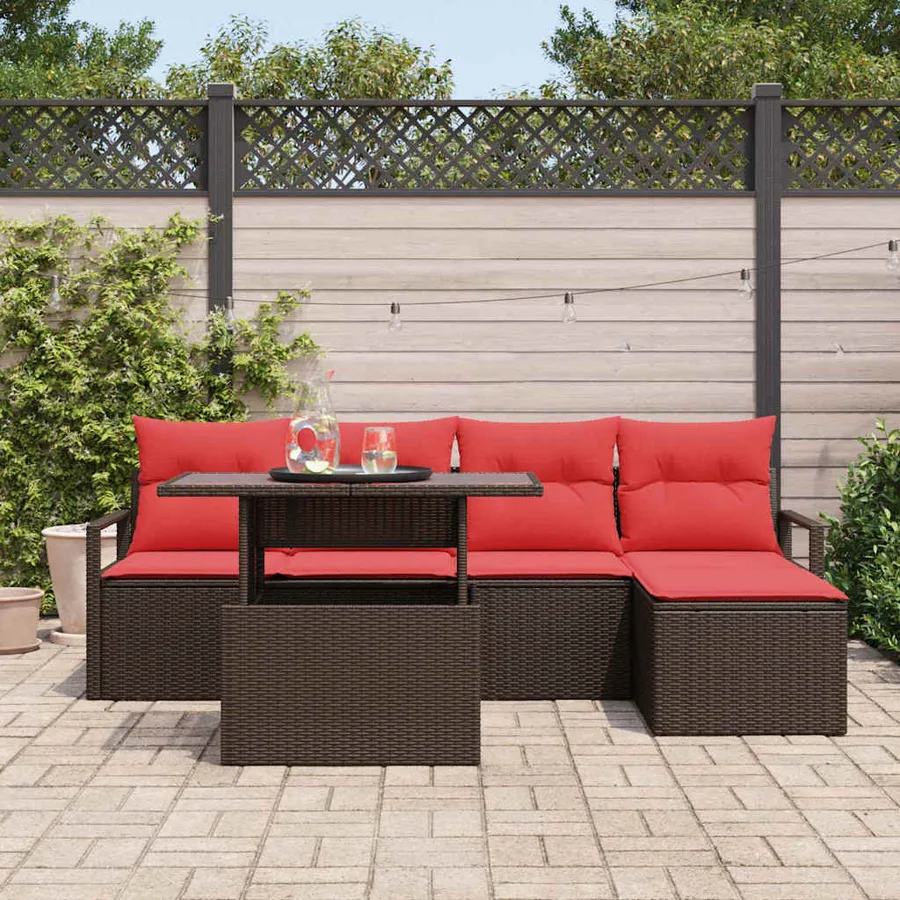 Ensemble de canapé de jardin 6 pcs Marron et rouge polyrotin - 3