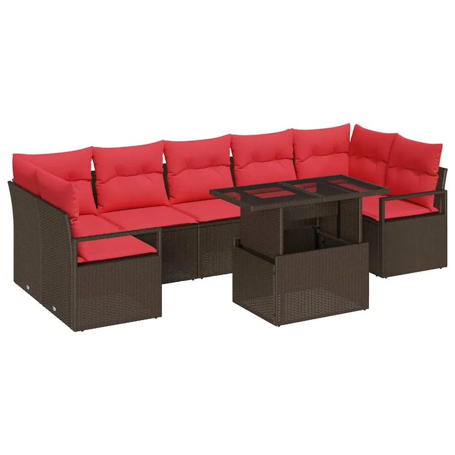 Ensemble de canapé de jardin 8 pcs Marron et rouge polyrotin - 2