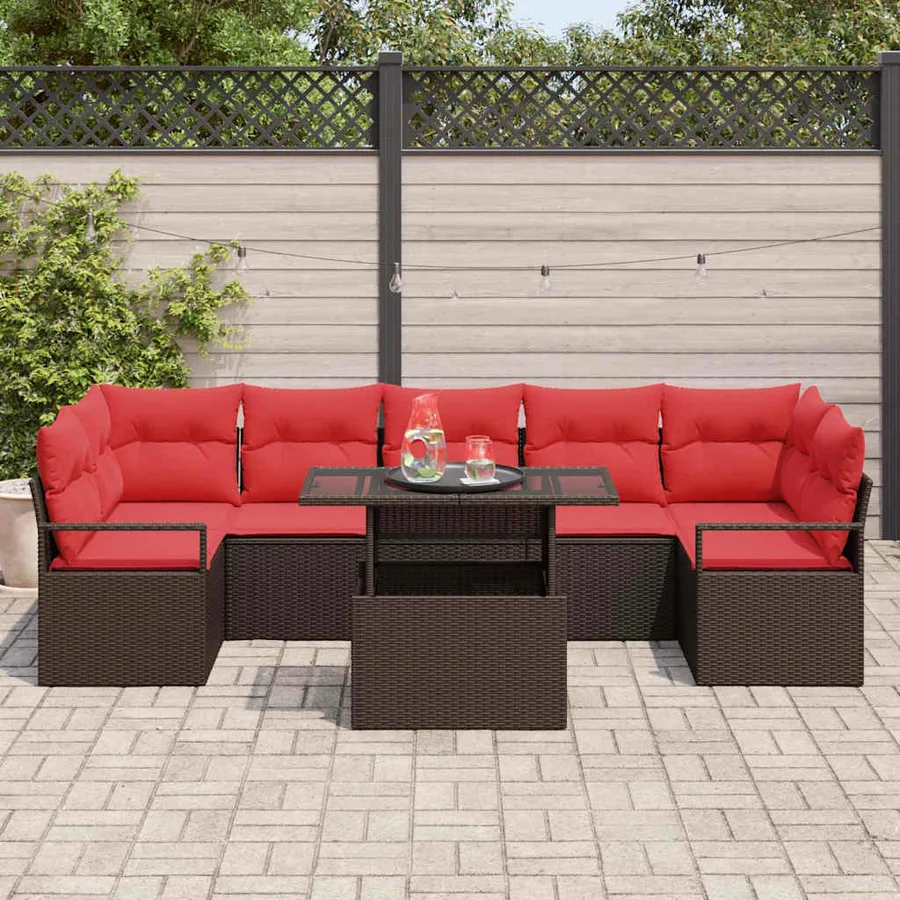 Ensemble de canapé de jardin 8 pcs Marron et rouge polyrotin - 3