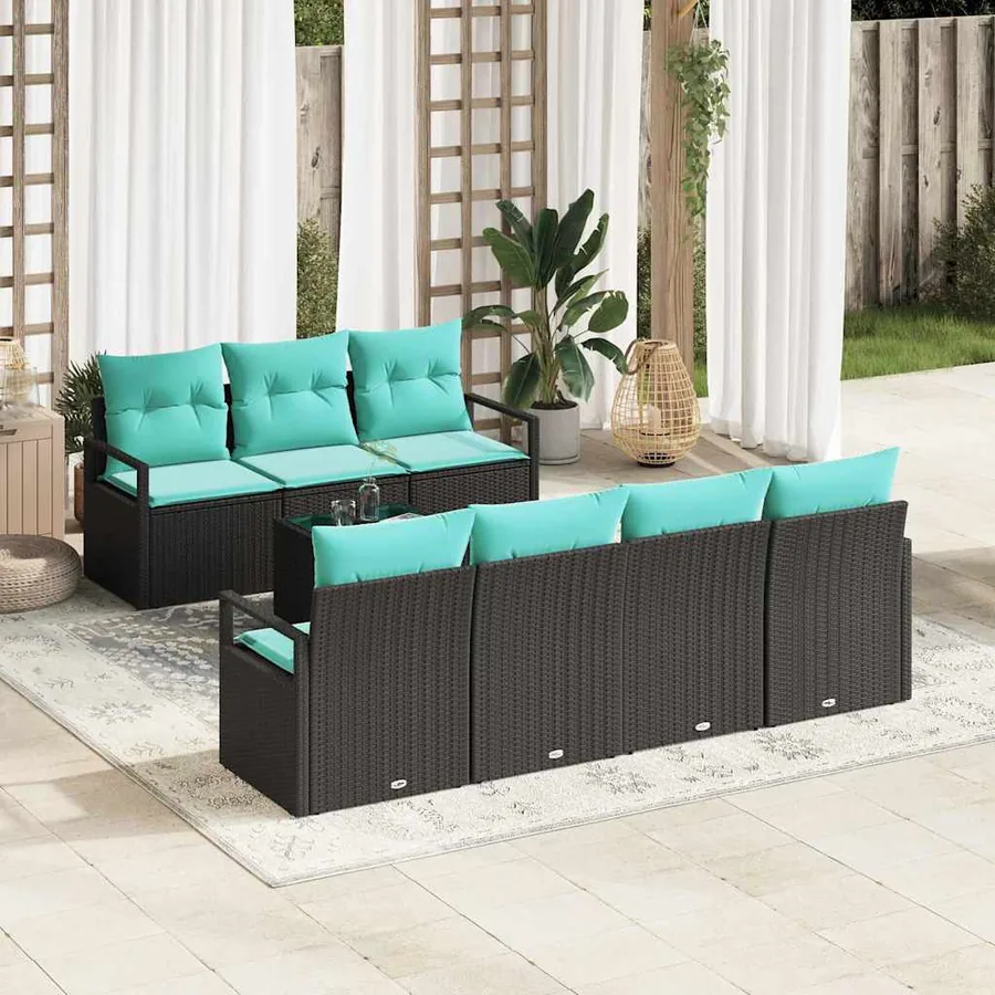 Ensemble de Canapés 8 pcs Noir et turquoise polyrotin