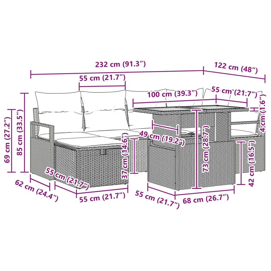 Ensemble de canapé de jardin avec coussin 7 pcs Noir polyrotin - 13