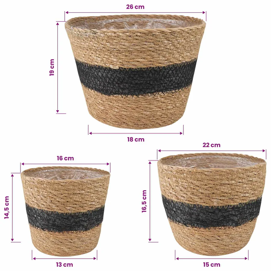 Paniers à plantes en herbe de mer 3 pcs Naturel et noir - 8