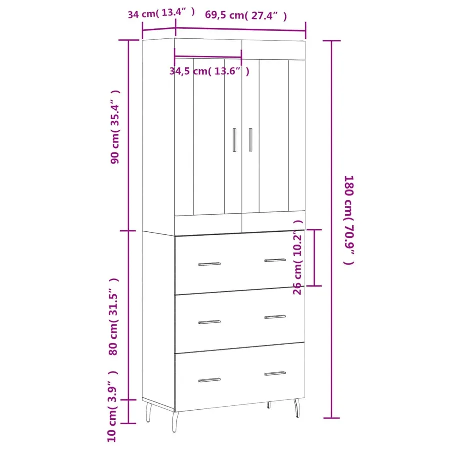 Buffet haut Chêne sonoma 69,5x34x180 cm Bois d'ingénierie - 14