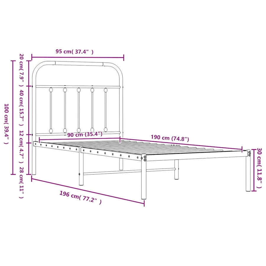 Cadre de lit métal sans matelas avec pied de lit blanc 90x190cm - 9
