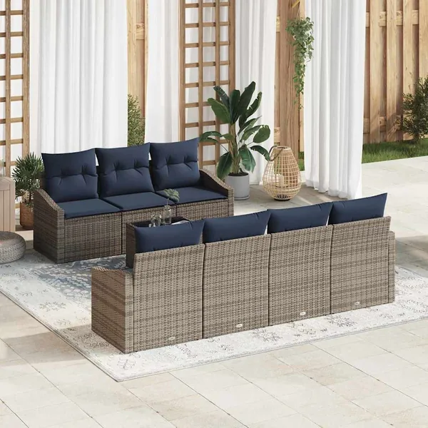 Ensemble de Canapés avec coussin 8 pcs Gris et marine polyrotin