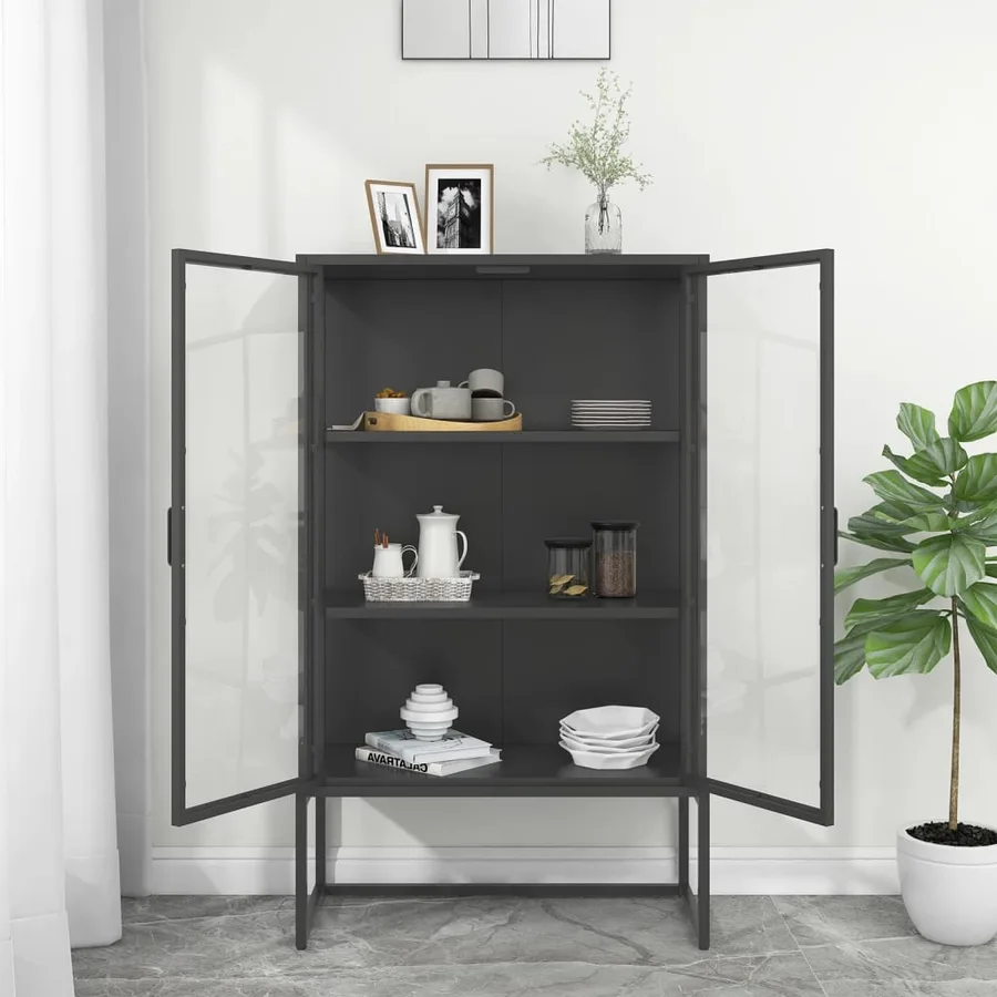 Buffet haut Anthracite 80x35x135 cm Acier et verre trempé - 3