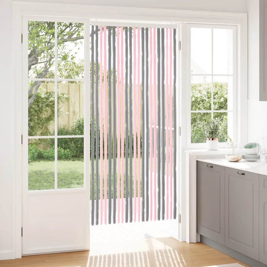 Rideau anti-insectes en chenille Gris Argent et Rose