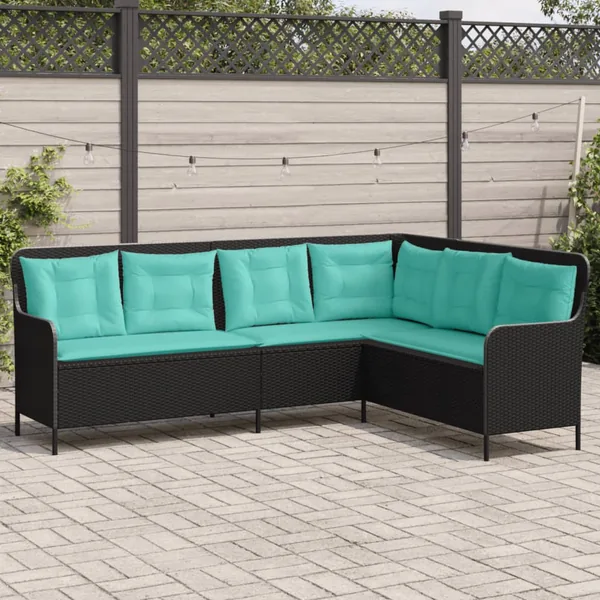 Canapé de jardin avec coussins forme de L noir résine tressée