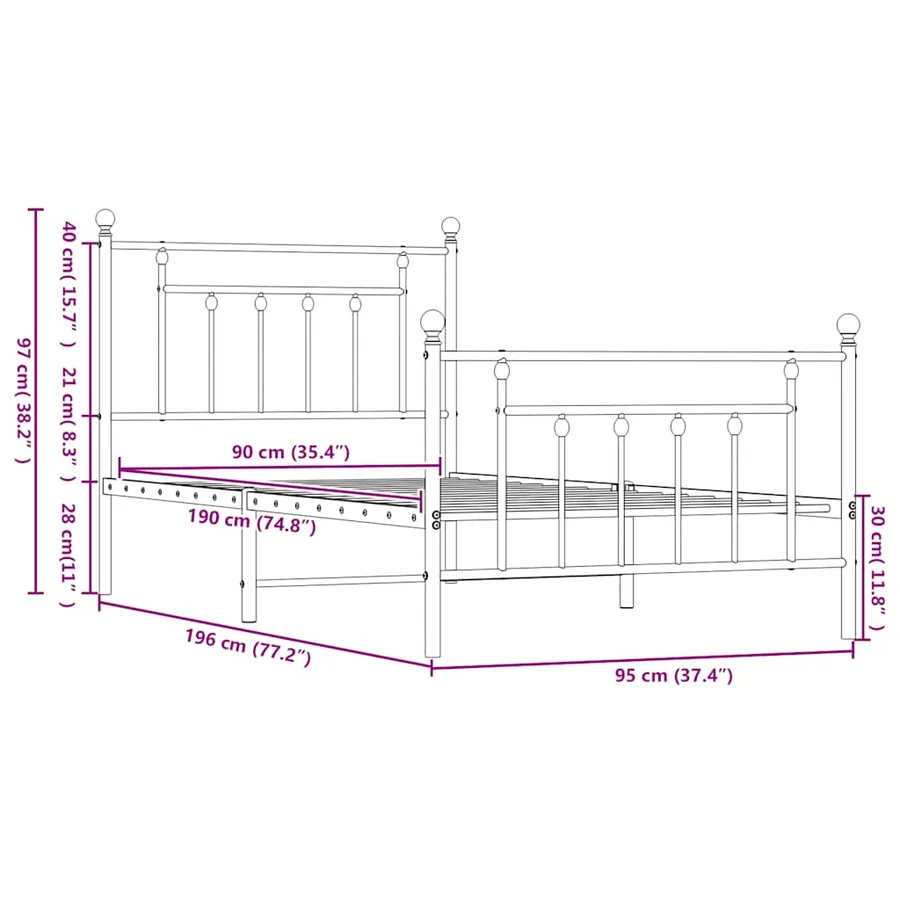 Cadre de lit métal sans matelas avec pied de lit blanc 90x190cm - 10