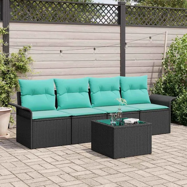 Ensemble de canapé de jardin 5 pcs Noir et turquoise polyrotin