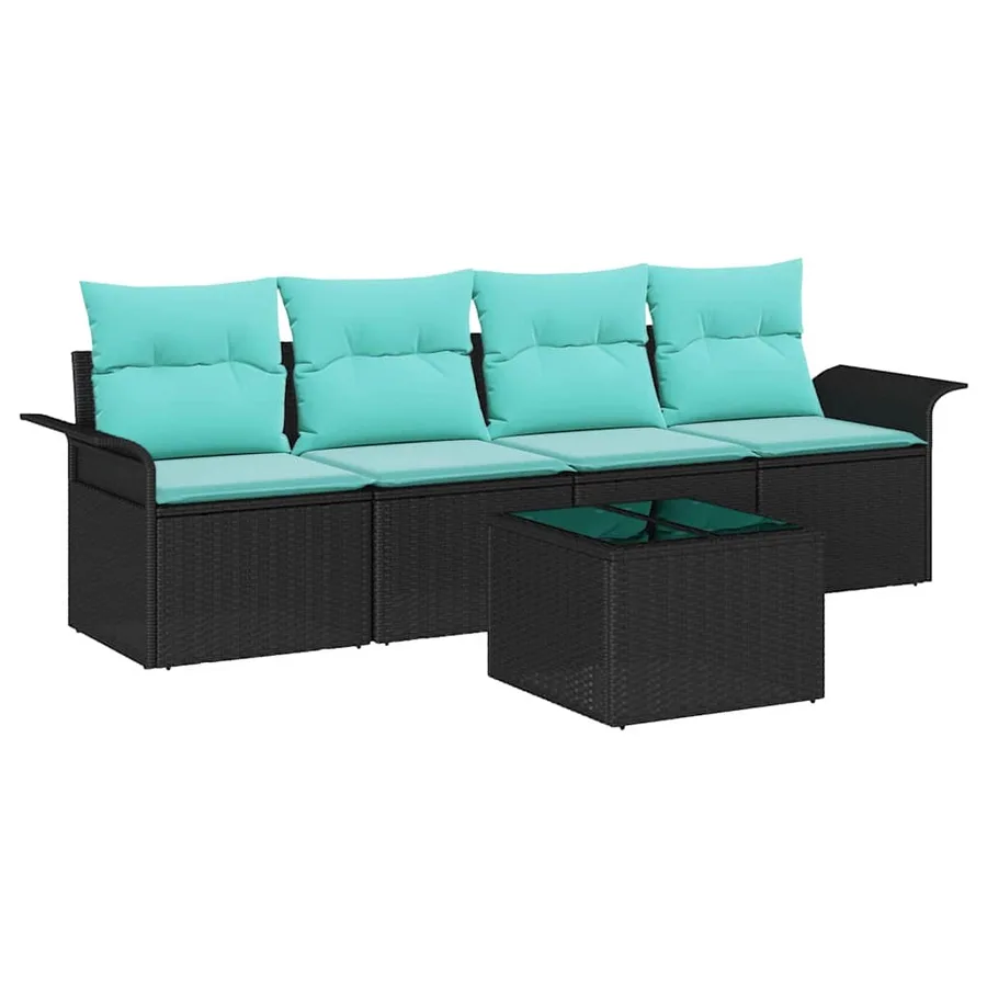 Ensemble de canapé de jardin 5 pcs Noir et turquoise polyrotin - 2