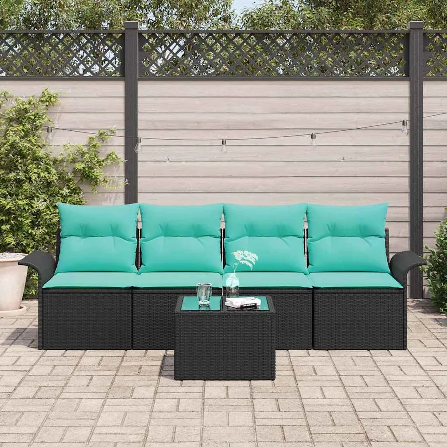 Ensemble de canapé de jardin 5 pcs Noir et turquoise polyrotin - 3