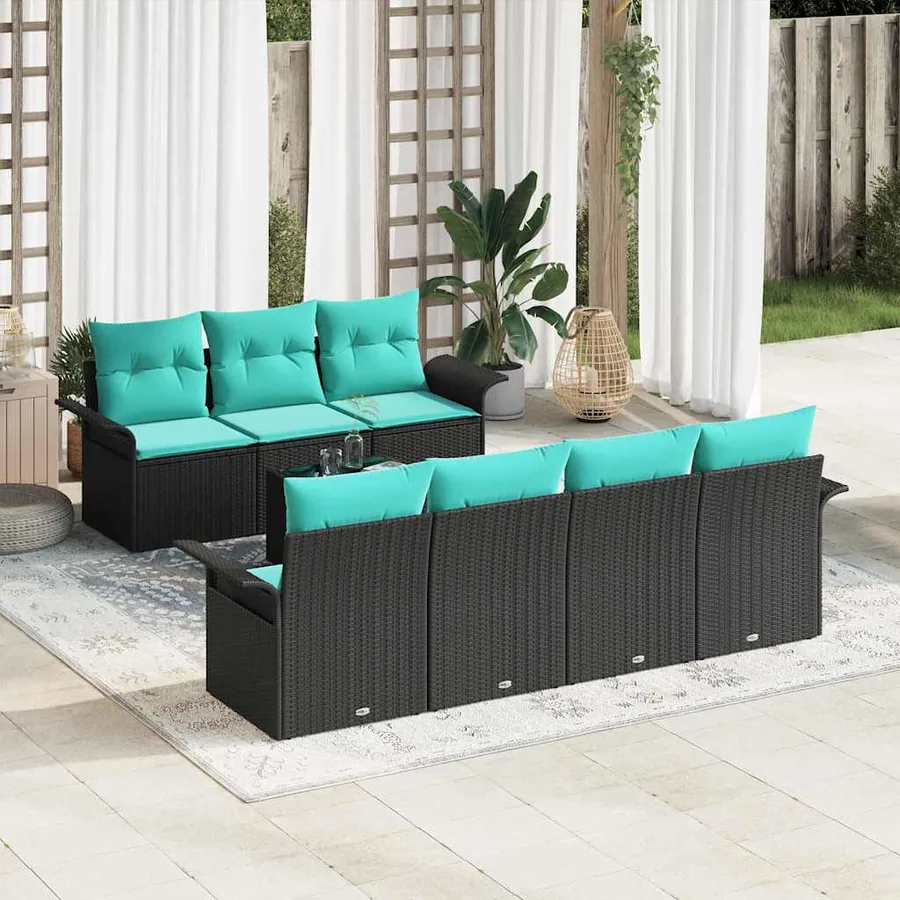 Ensemble de canapé de jardin 8 pcs Noir et turquoise polyrotin