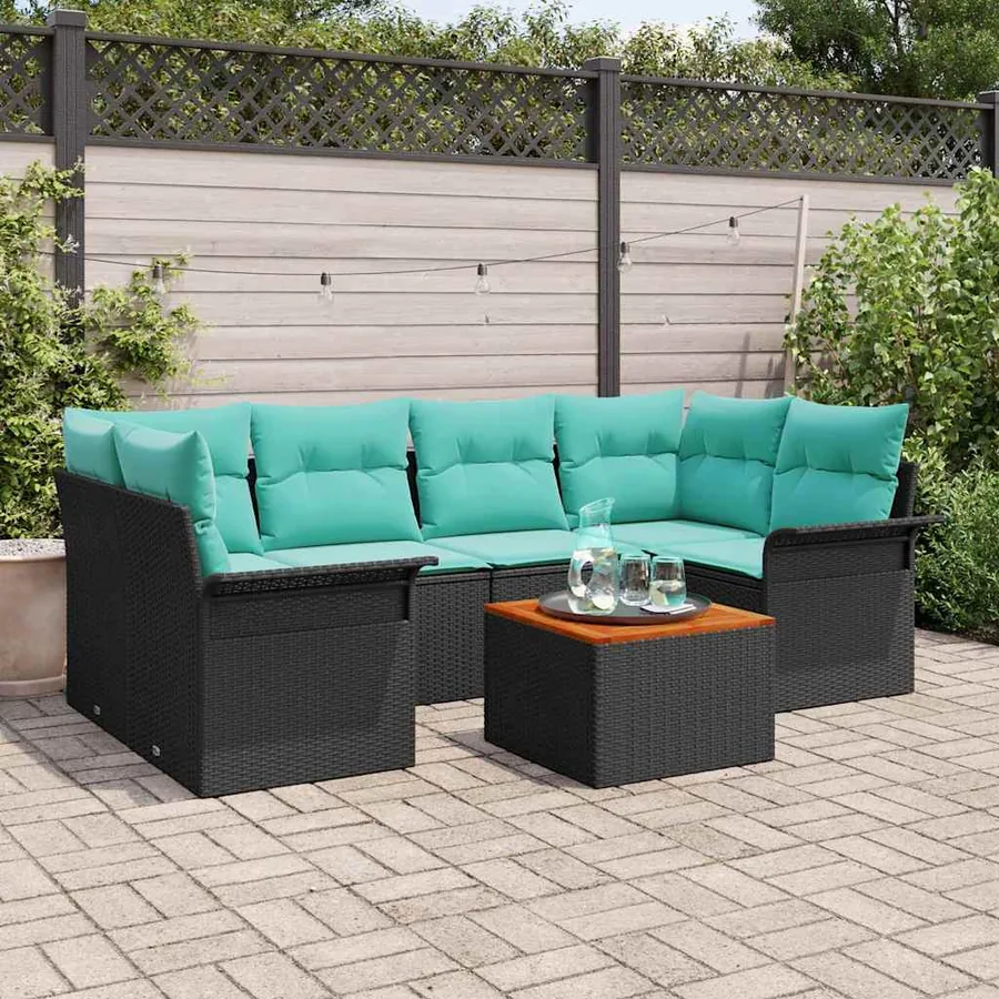 Ensemble de canapé de jardin 7 pcs Noir et turquoise polyrotin