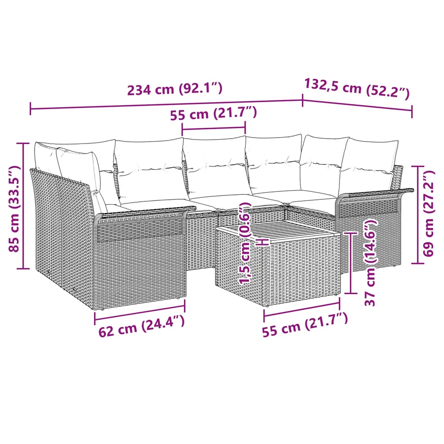 Ensemble de canapé de jardin 7 pcs Noir et turquoise polyrotin - 13