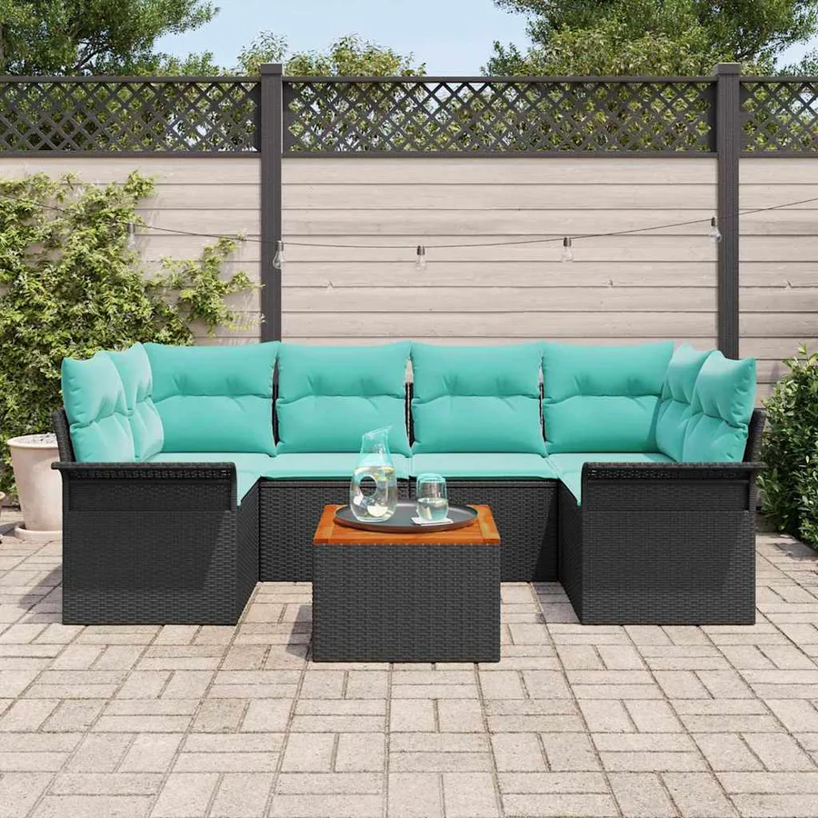 Ensemble de canapé de jardin 7 pcs Noir et turquoise polyrotin - 3